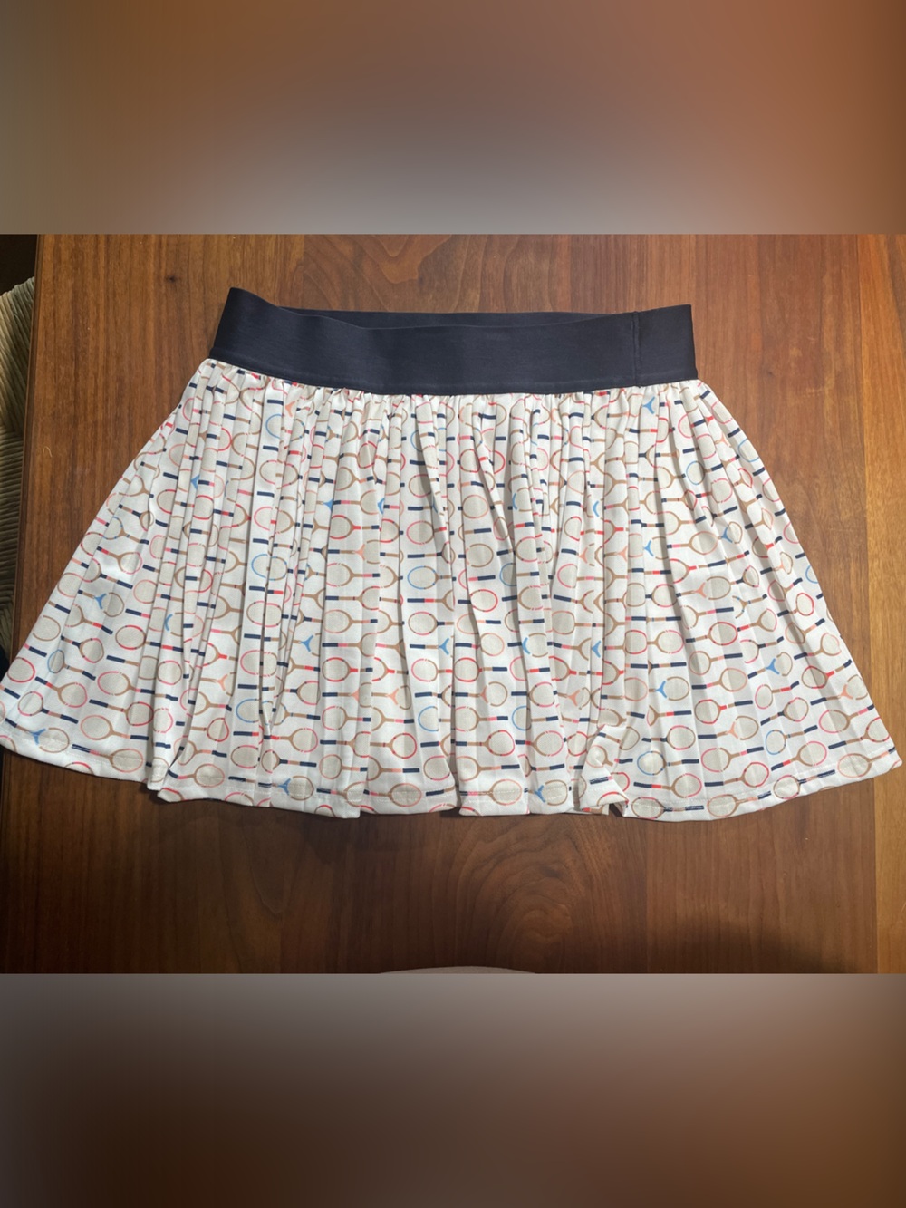 Talbots Cream Skater Skirt with Navy Waistband and Tennis Racket Print